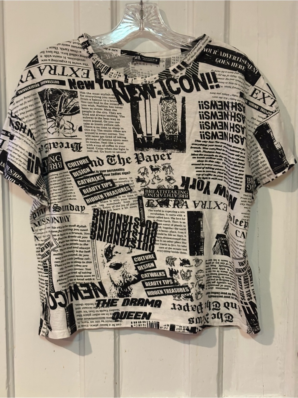 Zara Black & White Newspaper-Print Short Sleeve Tee